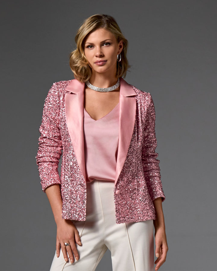 Satin Collar Ruched Sleeve Sequin Blazer Coral Blush