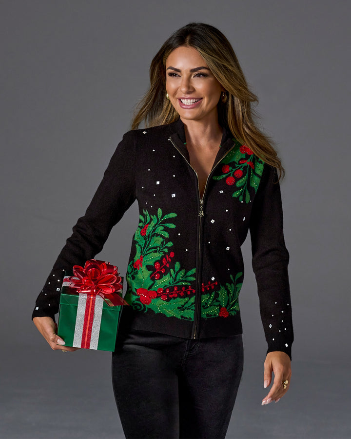 Embellished Mistletoe Zip Up Cardigan Black Multi