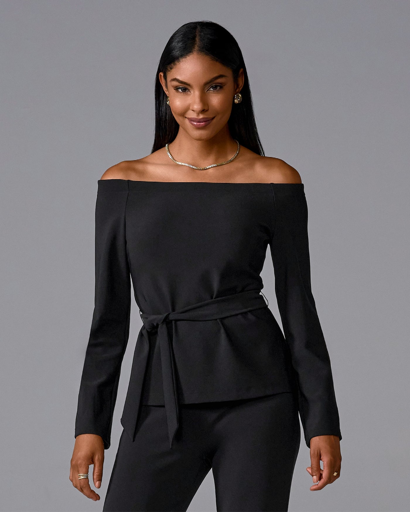 Beyond Travel Belted Off The Shoulder Top Jet Black