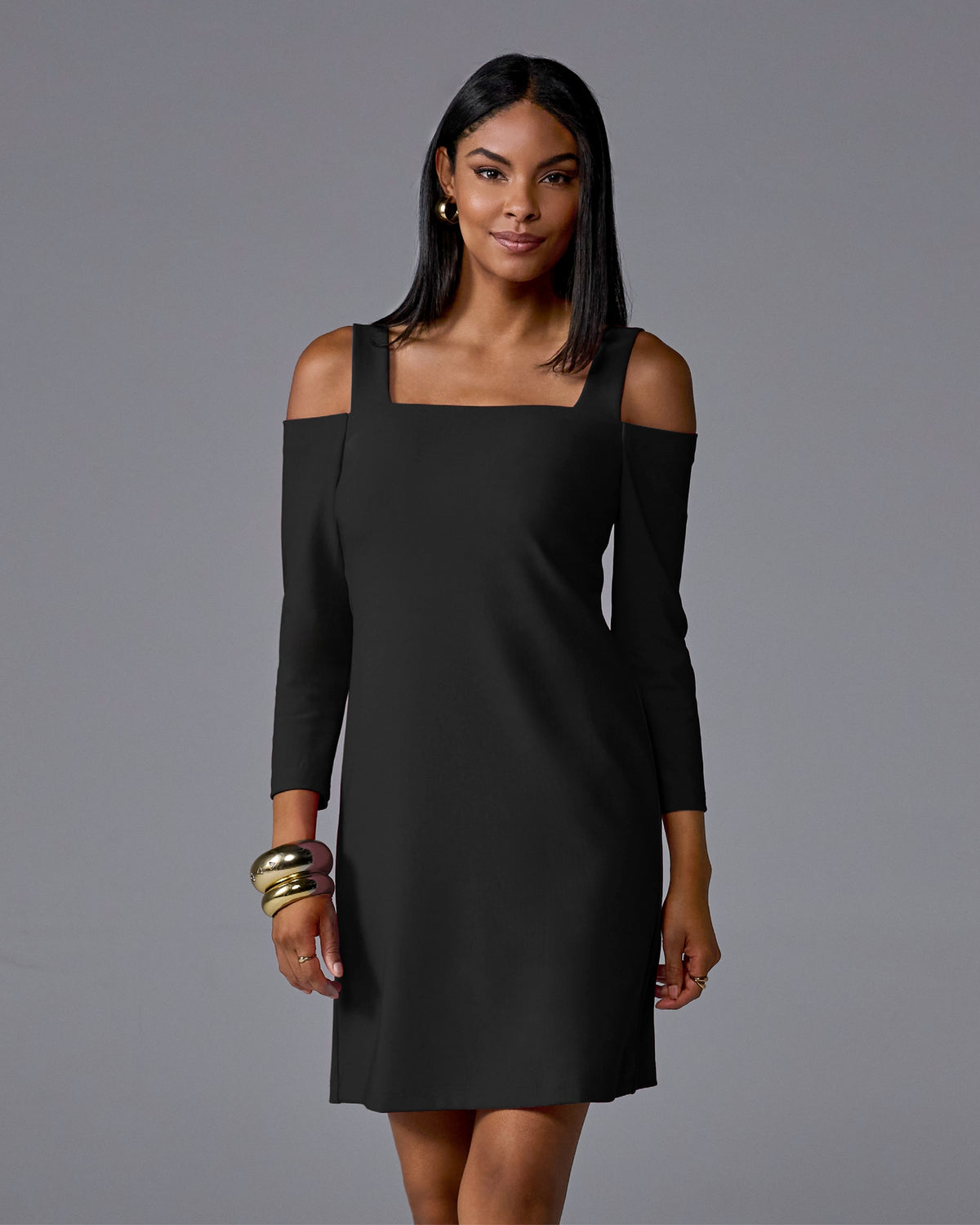 Beyond Travel Cold Shoulder Three Quarter Sleeve Dress Jet Black