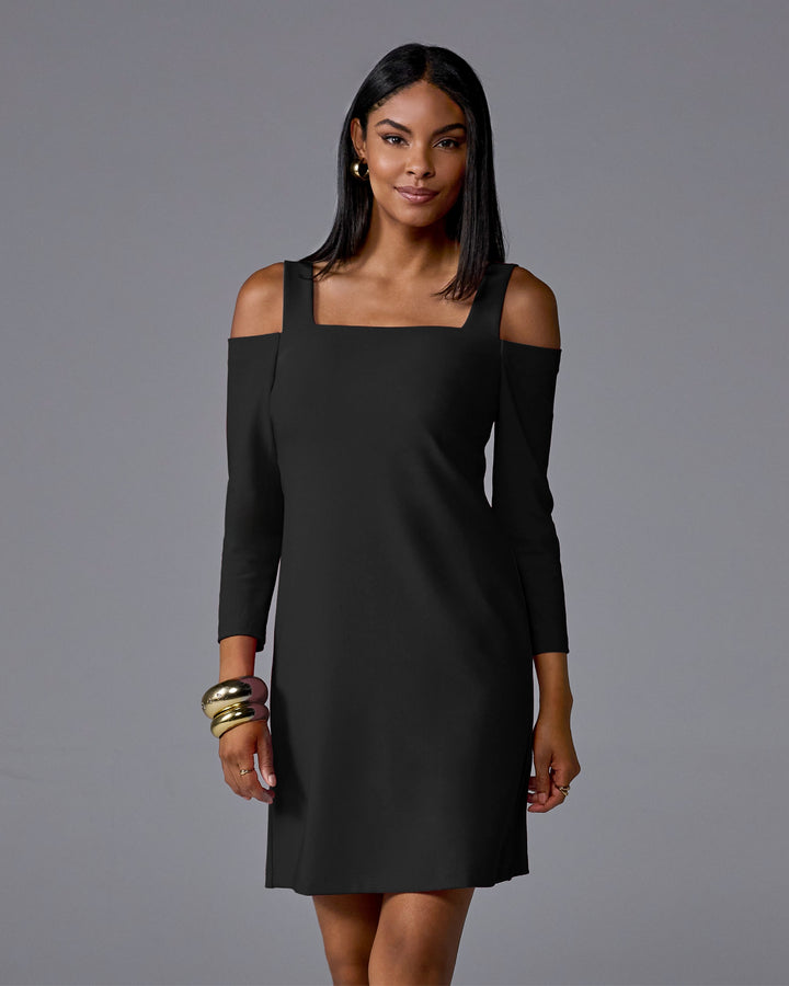 Beyond Travel Cold Shoulder Three Quarter Sleeve Dress Jet Black