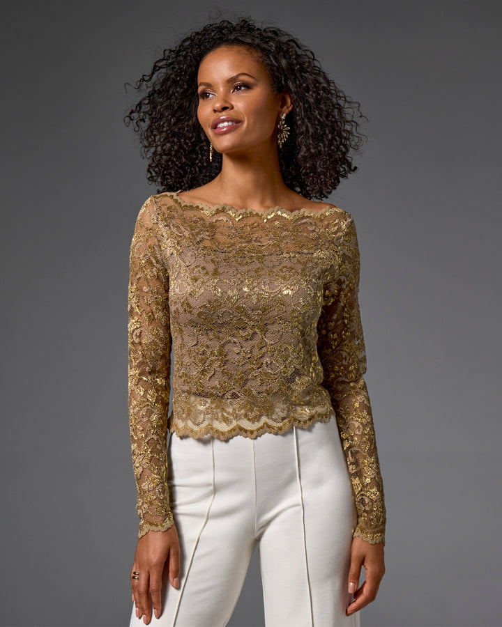 Metallic Lace Shoulder Skimming Knit Top Gold