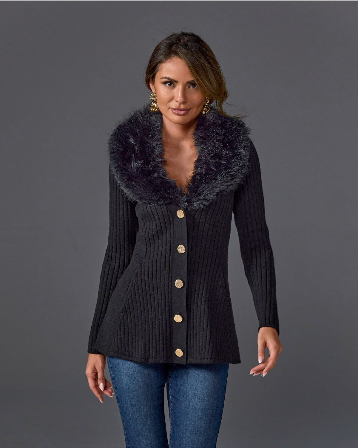 Faux Fur Trim Button Up A-Line Cardigan Proper Black