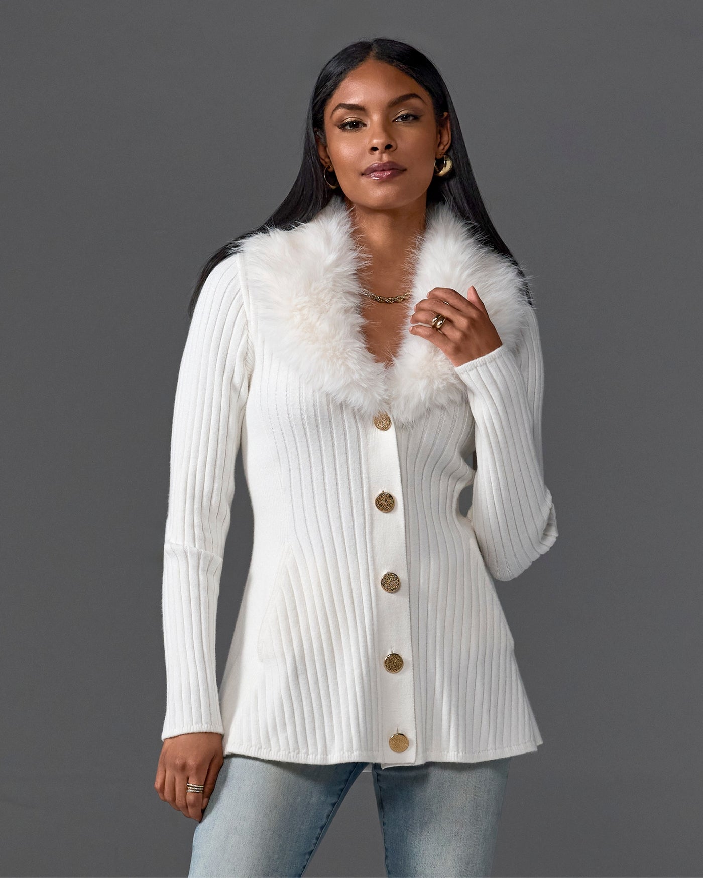 Faux Fur Trim Button Up A-Line Cardigan Off White