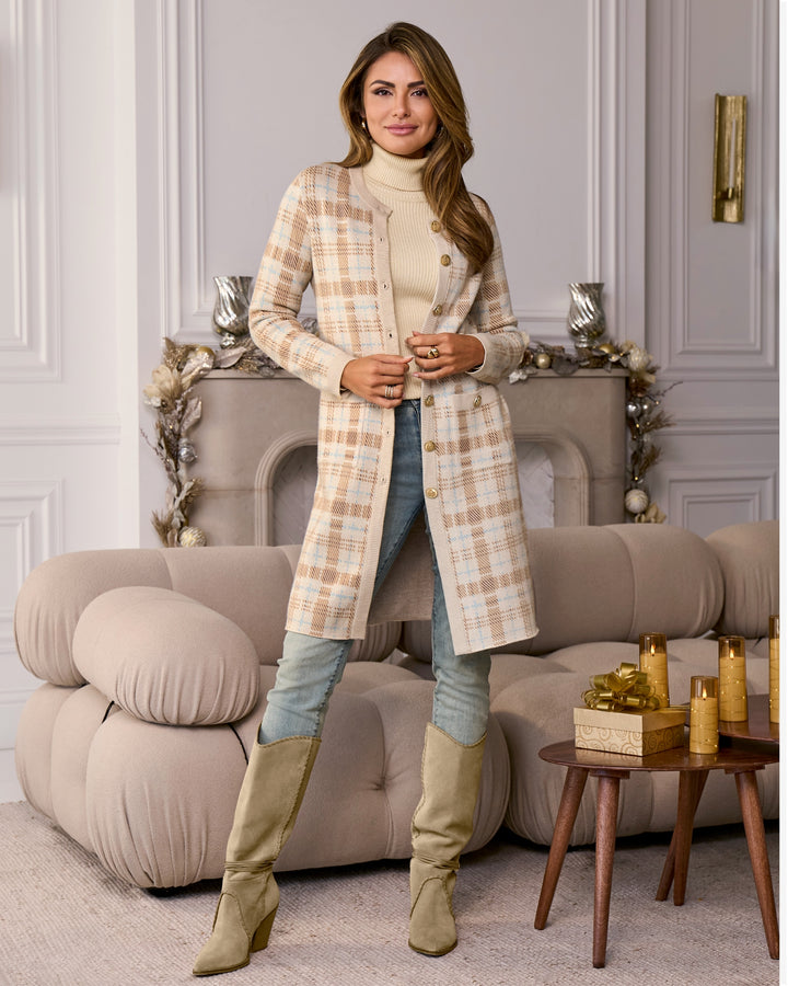 Plaid Crested Button Sweater Duster Cozy Plaid