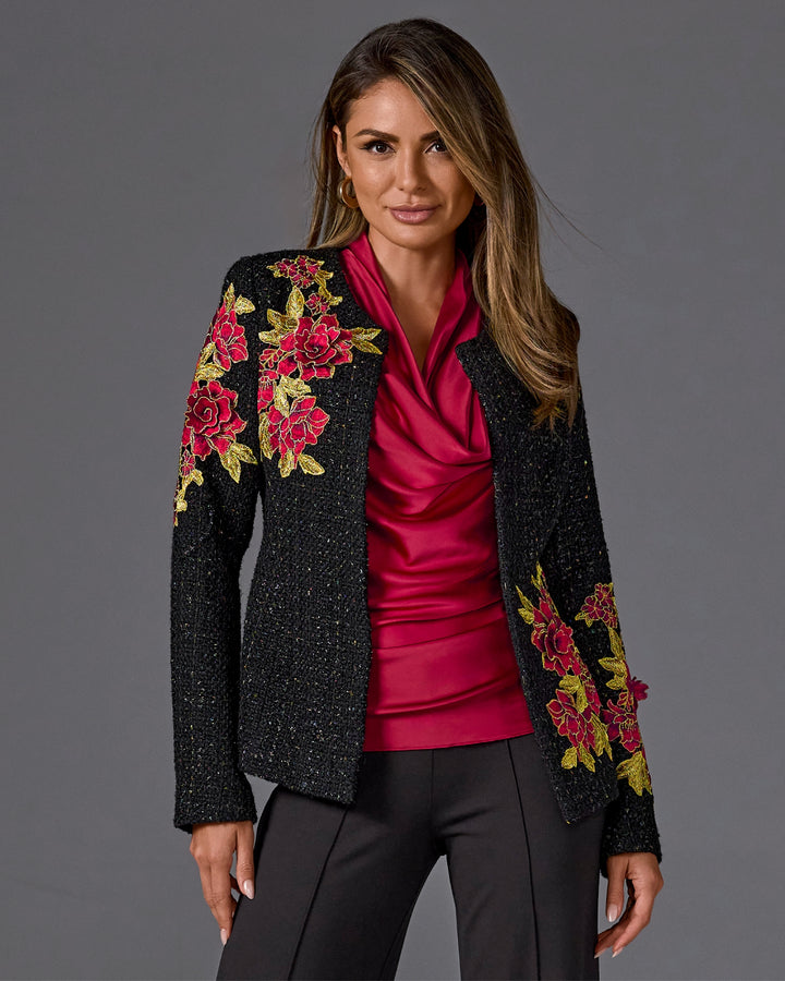 Rose Embroidered Tweed Lady Jacket Black Multi