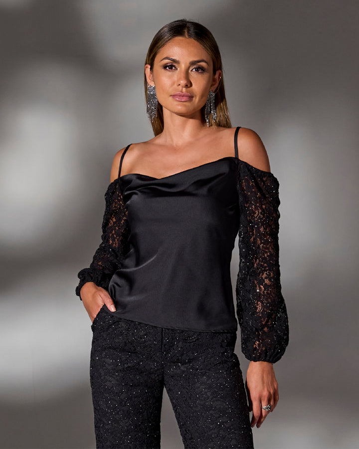 Cold Shoulder Lace Balloon Sleeve Black