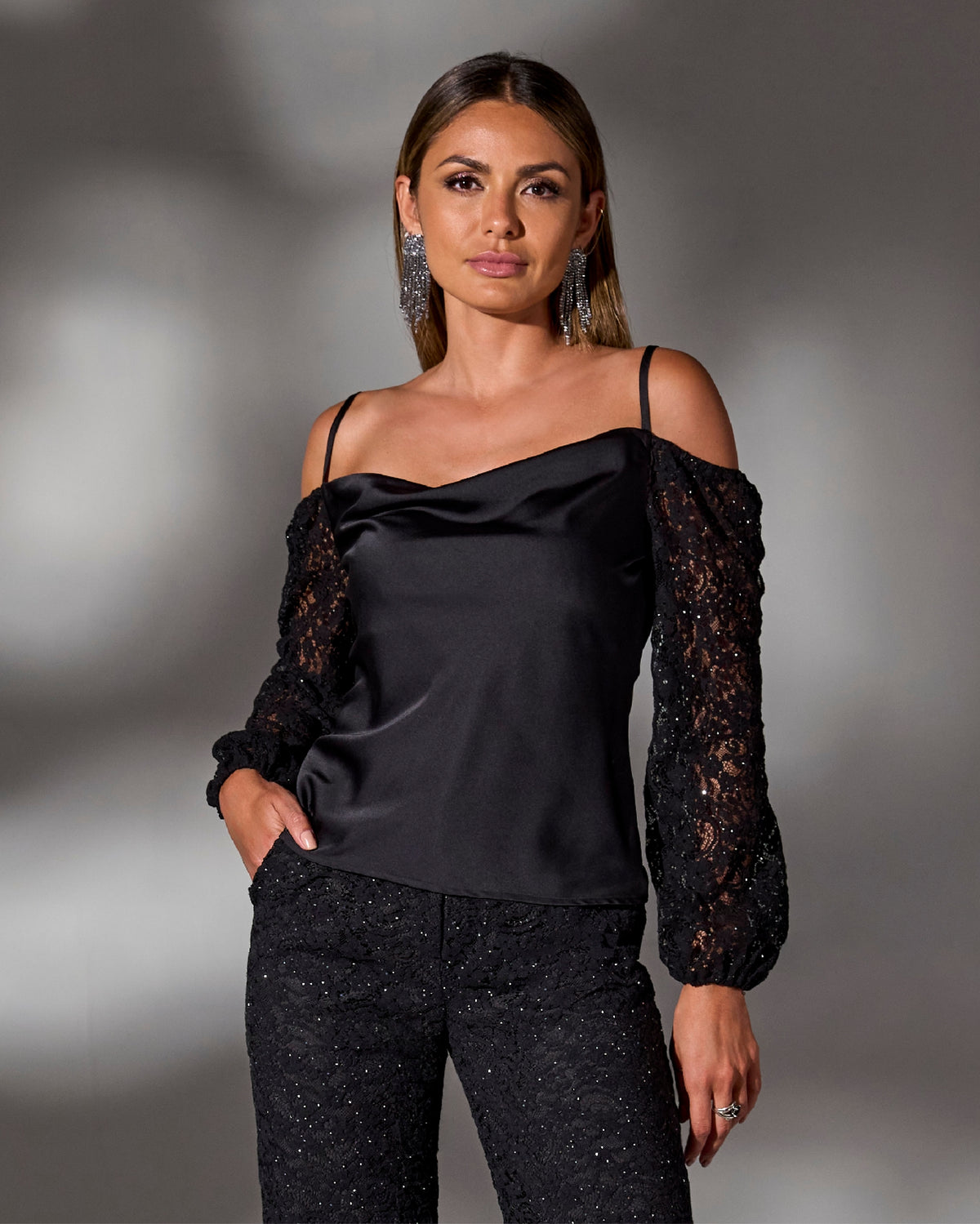 Cold Shoulder Lace Balloon Sleeve Black
