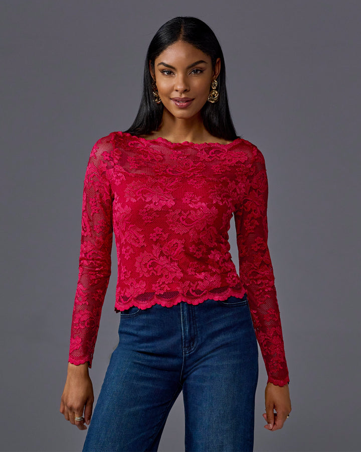 Lace Shoulder Skimming Knit Top Red