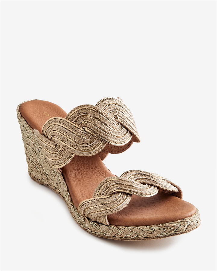 Andre Assous Double Band Raffia Wedge Gold