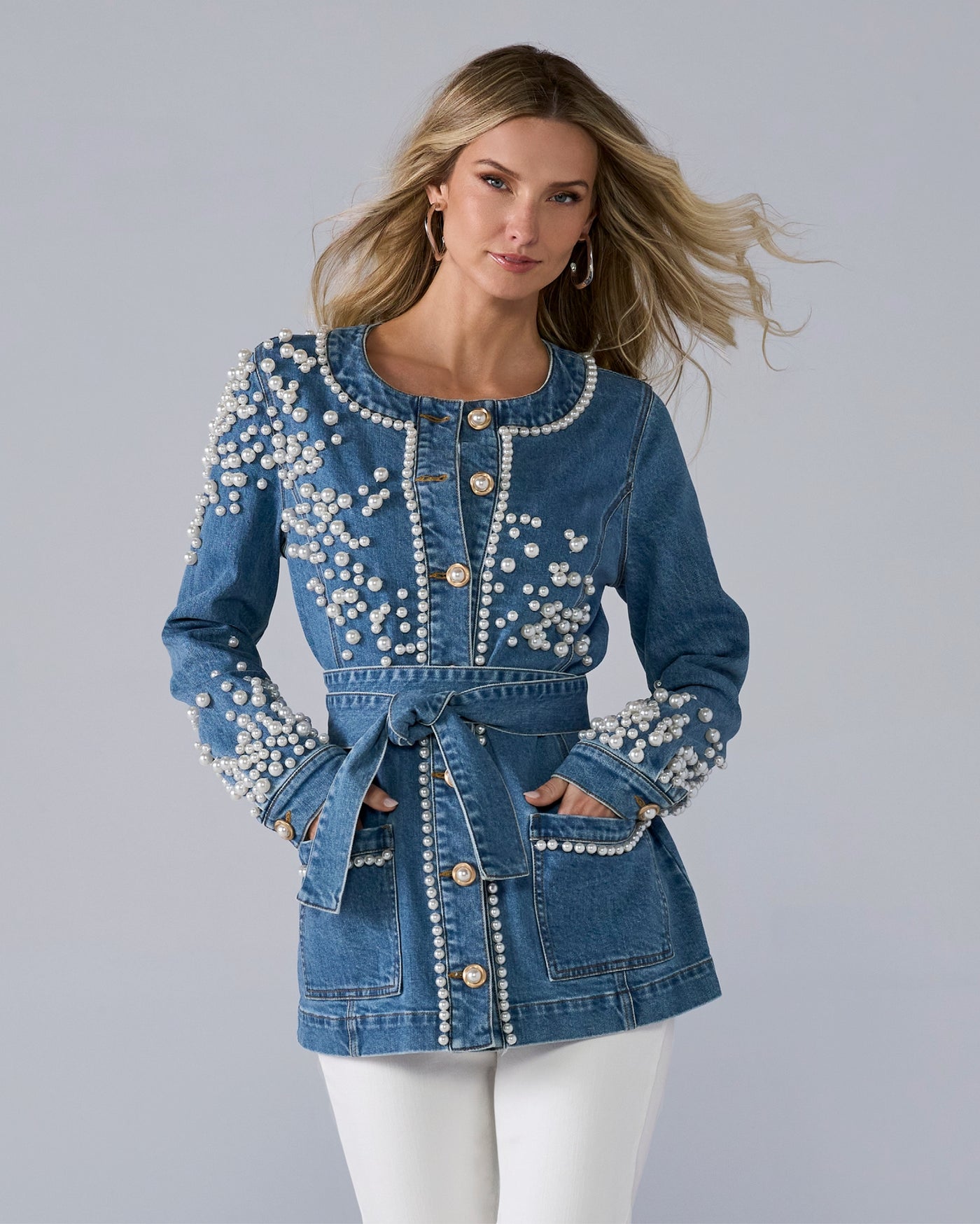 Pearl Embellished Denim Tie-Waist Jacket Medium Wash Denim