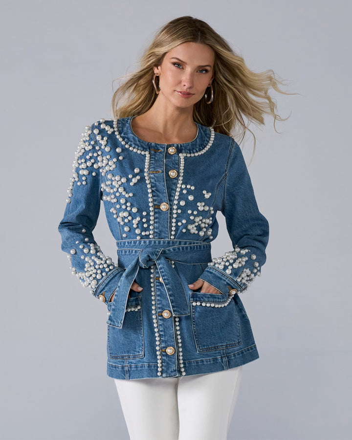 Pearl Embellished Denim Tie-Waist Jacket Medium Wash Denim