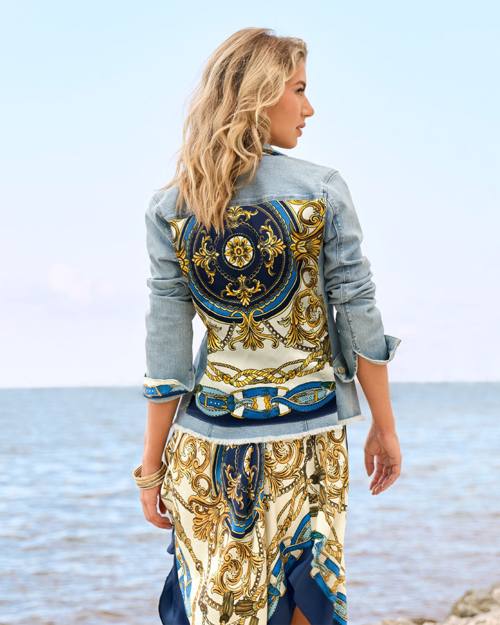 Scarf Printed Denim Jacket Light Wash