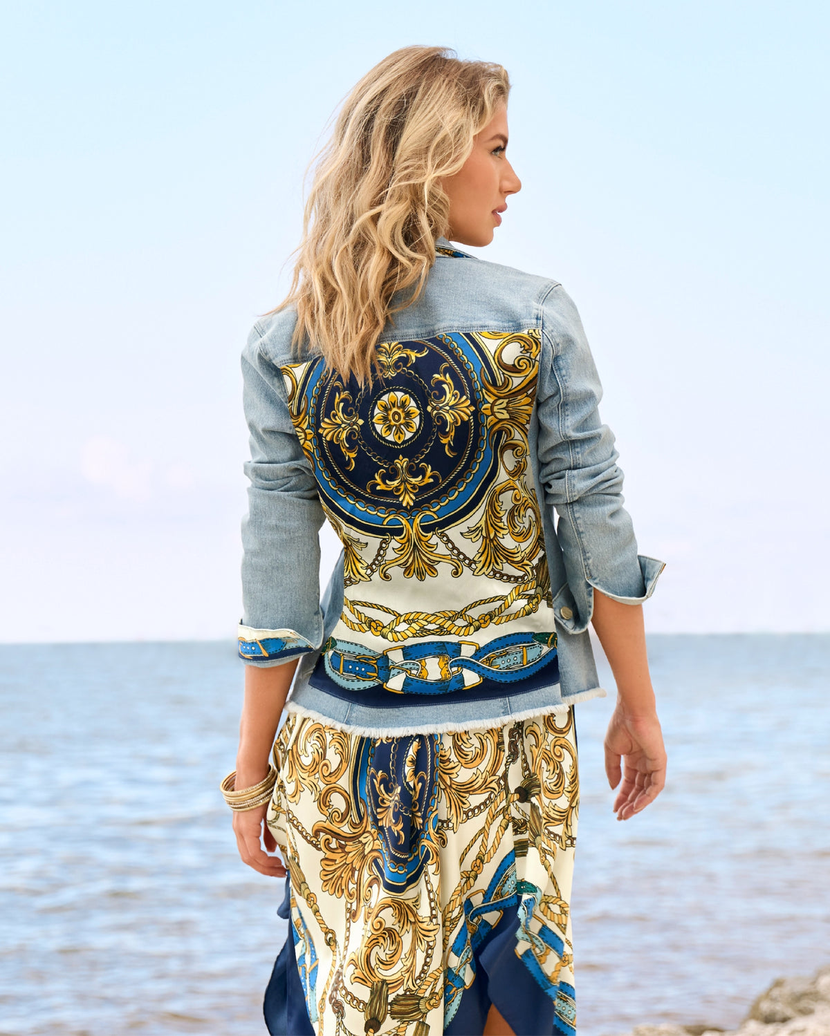 Scarf Printed Denim Jacket Light Wash