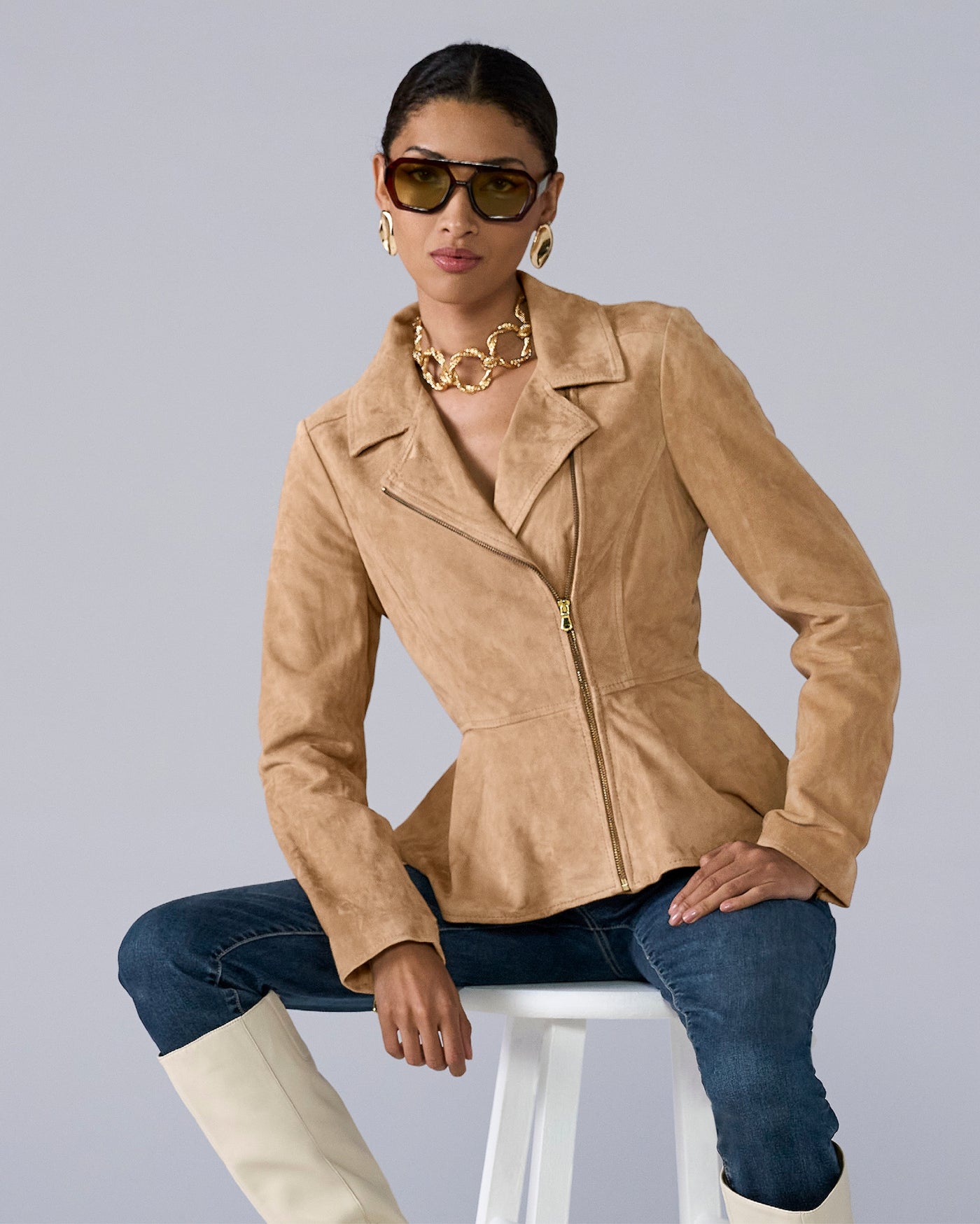 Genuine Suede Peplum Jacket Tan