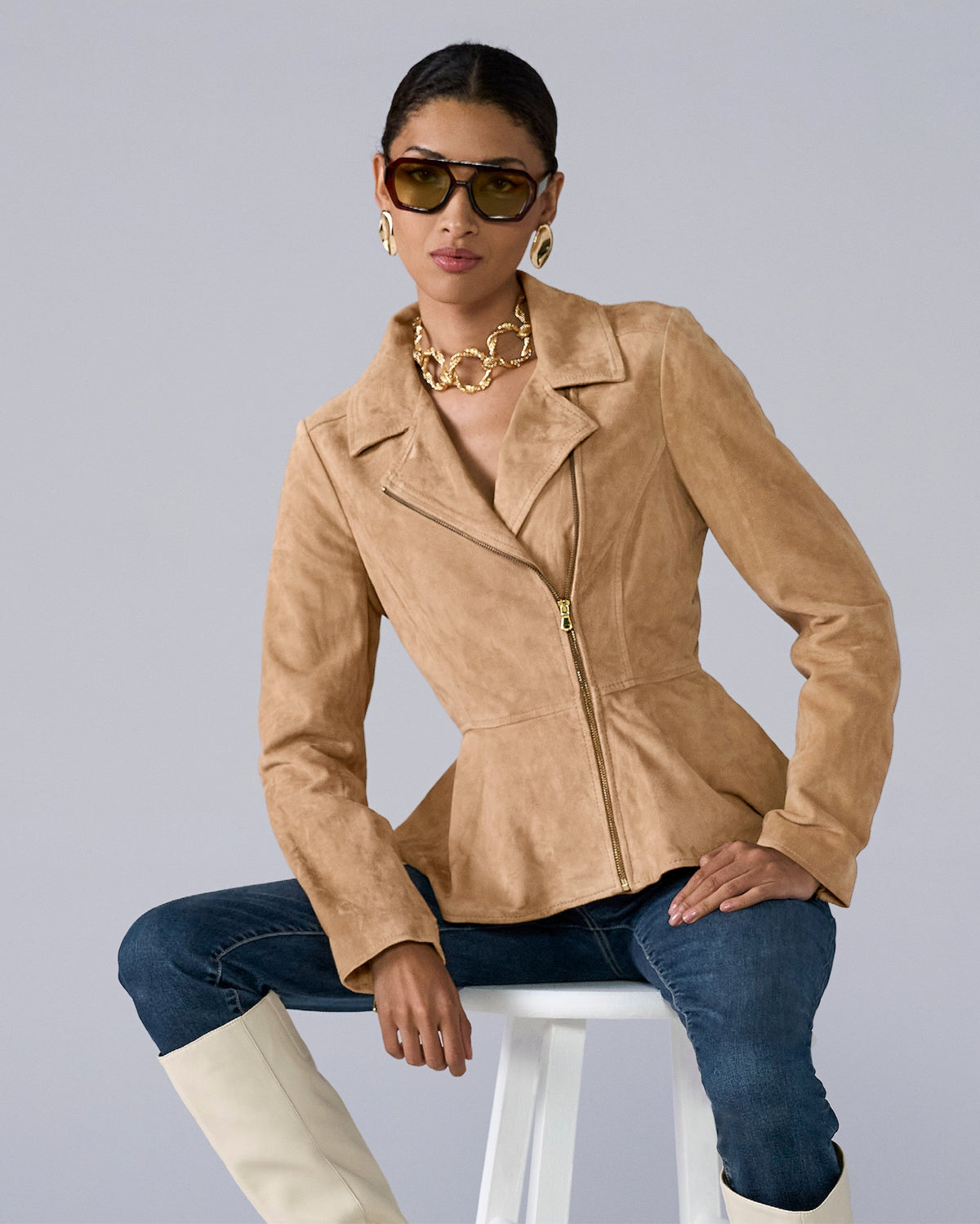 Genuine Suede Peplum Jacket Tan