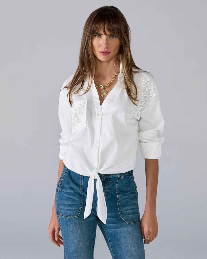 Pearl Embellished Button Up Shirt White