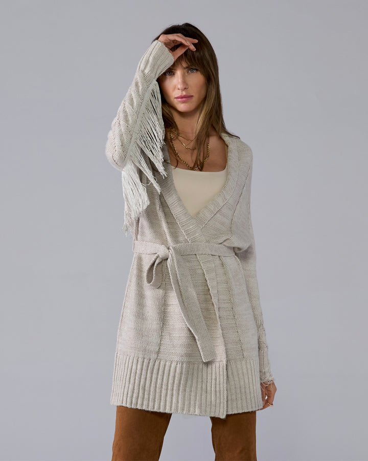 Fringe Mid Length Tie Waist Cardigan Heather Oatmeal