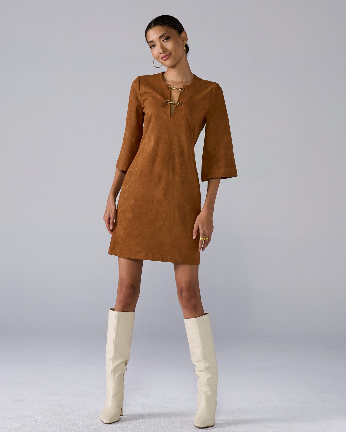 Faux Suede Hardware Trim Shift Dress Tortoise Shell