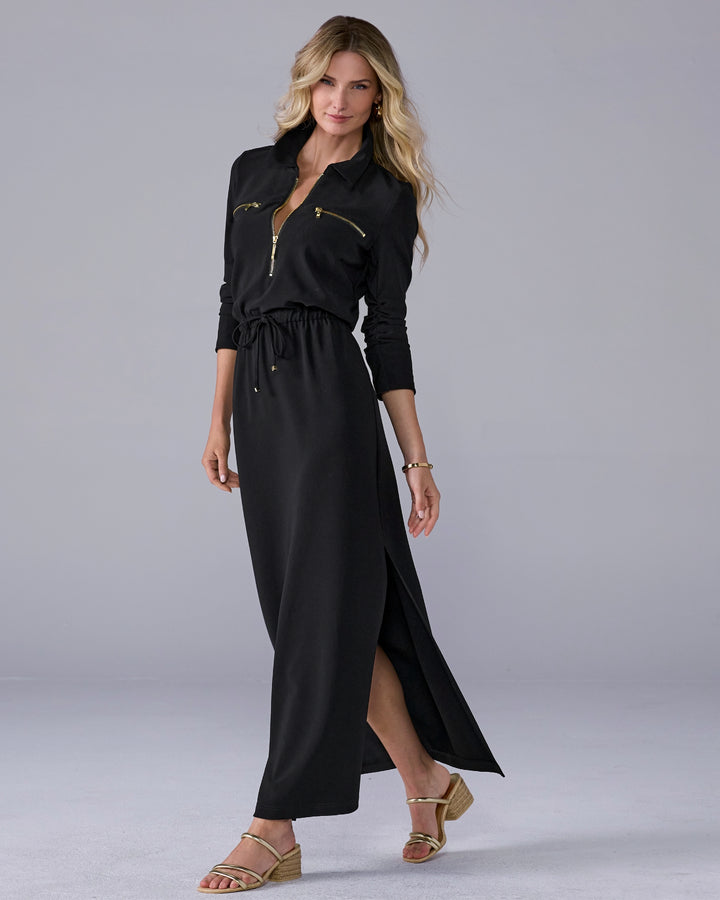 Beyond Travel Ruched Sleeve Maxi Dress Jet Black
