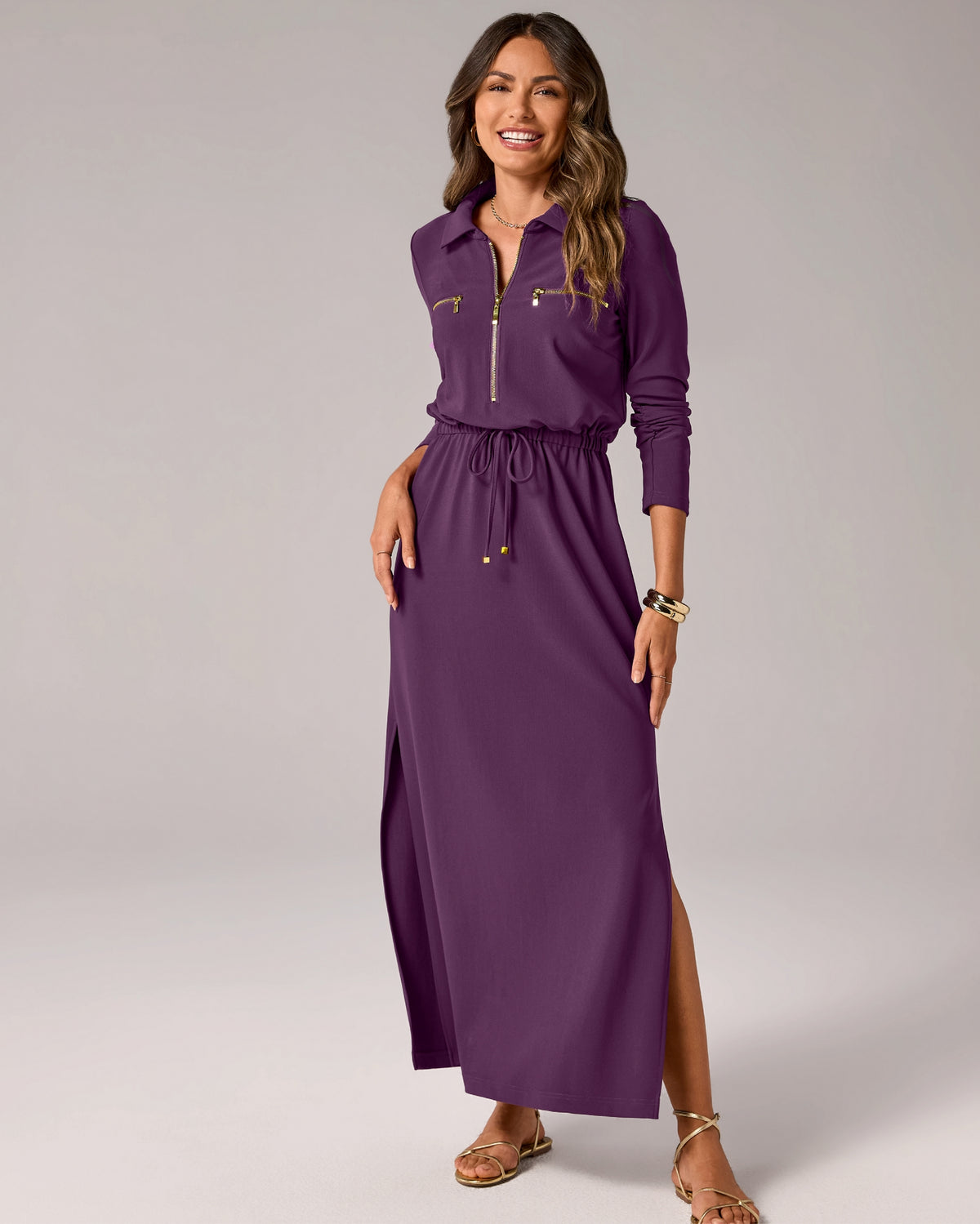Beyond Travel Ruched Sleeve Maxi Dress Blackberry Wine