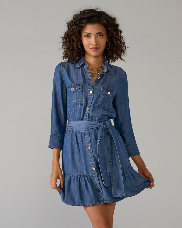 Luxe Chambray Button Up Mini Dress Deep Blue