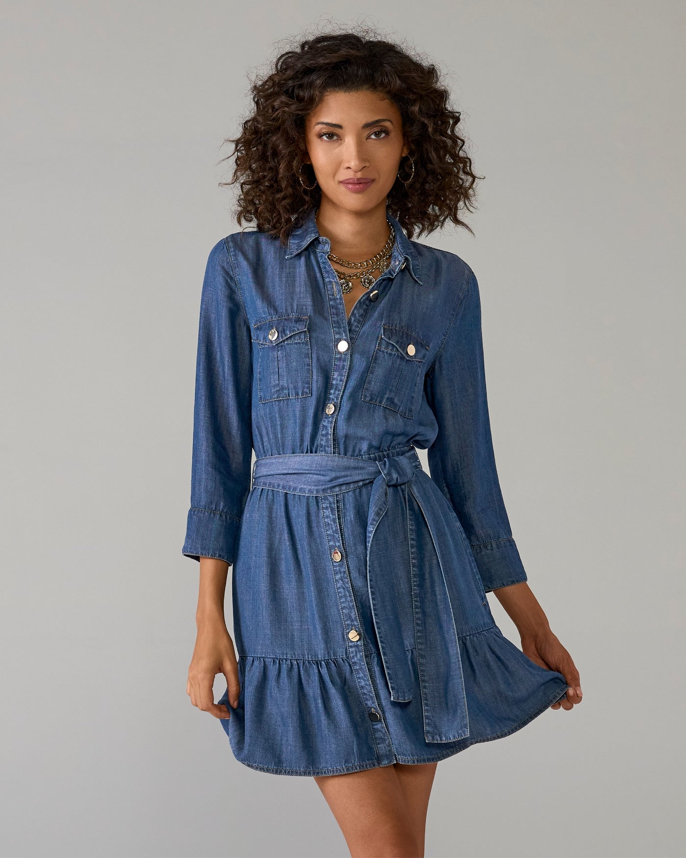 Luxe Chambray Button Up Mini Dress Deep Blue