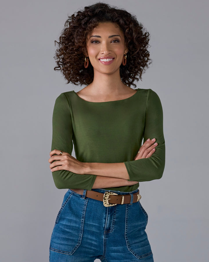 So Effortless Boat Neck 3/4 Sleeve Knit Top Tuscan Olive