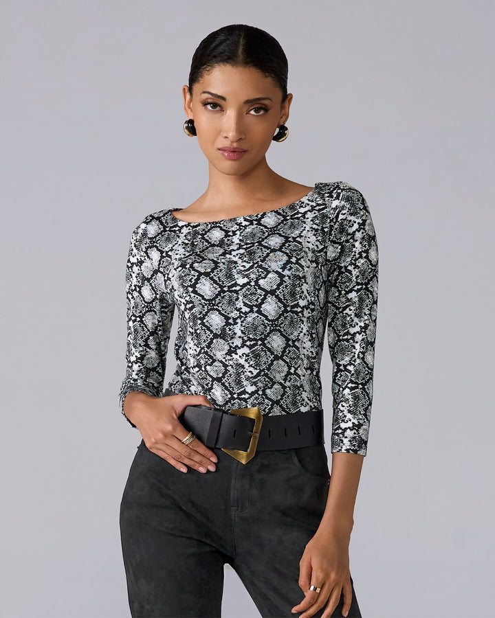 So Effortless Printed Boat Neck 3/4 Sleeve Knit Top Sunset Snake