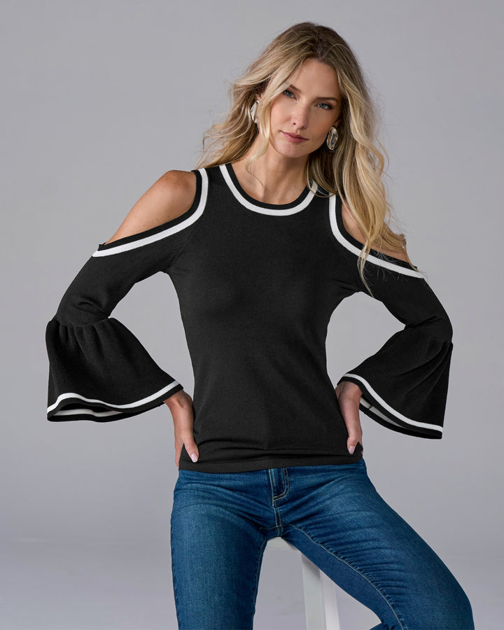 Color Block Cold Shoulder Ruffle Sleeve Sweater Black/White