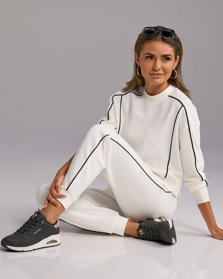 Luxe Lounge Piped Crew Neck and Jogger Set Off White/Black