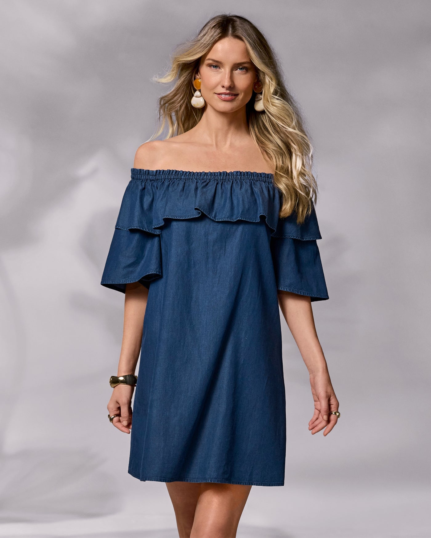Off the Shoulder Ruffle Denim Dress Rinse