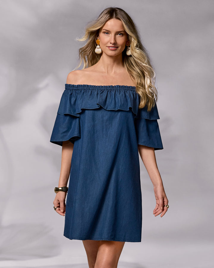 Off the Shoulder Ruffle Denim Dress Rinse