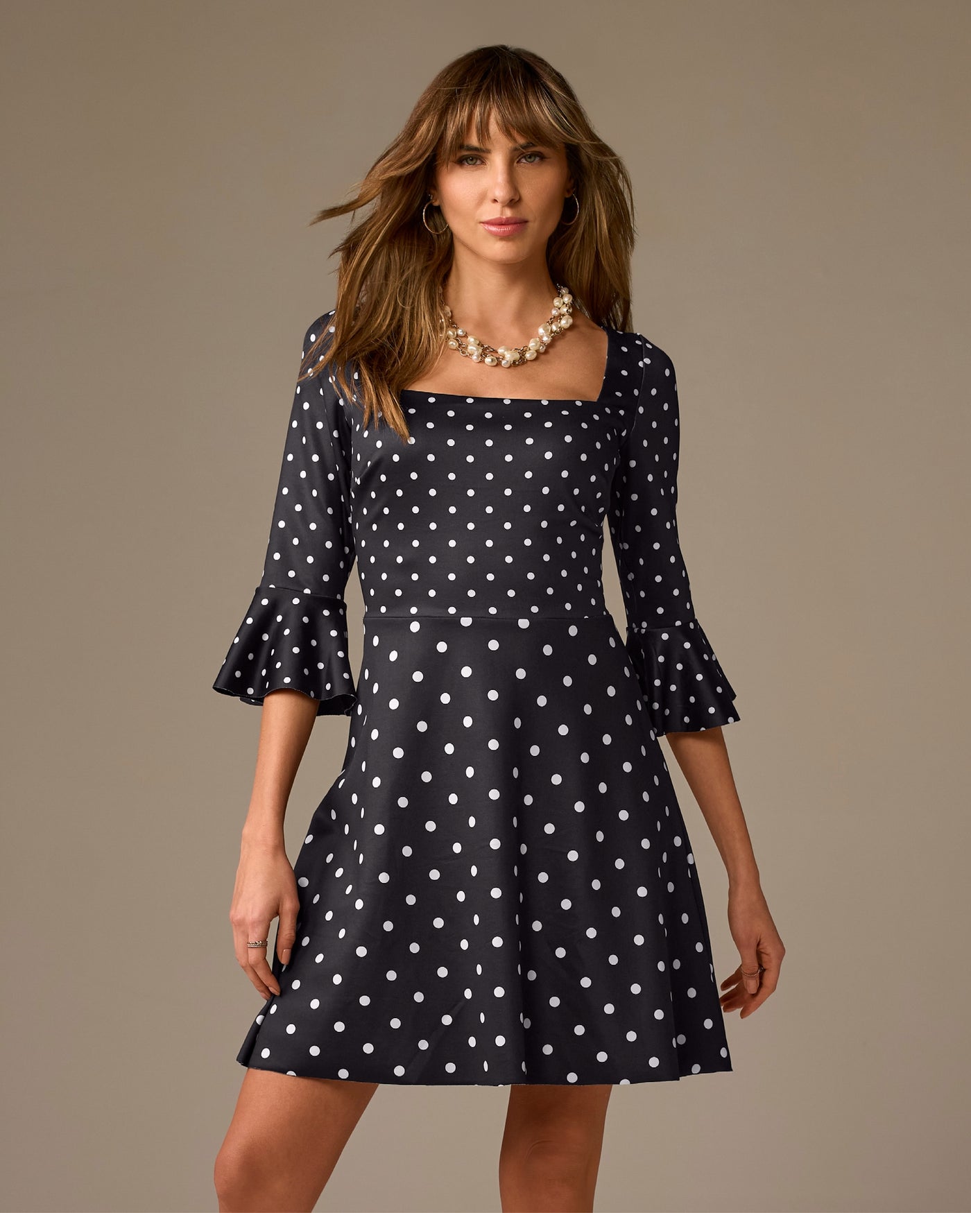 Flare Sleeve Square-Neck Dress Party Polka