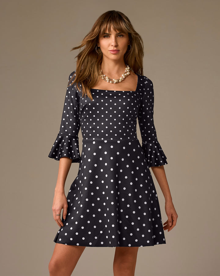 Flare Sleeve Square-Neck Dress Party Polka