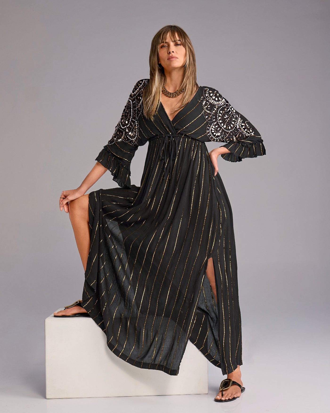 Kimono Sleeve Embellished Metallic Gauze Maxi Dress Proper Black
