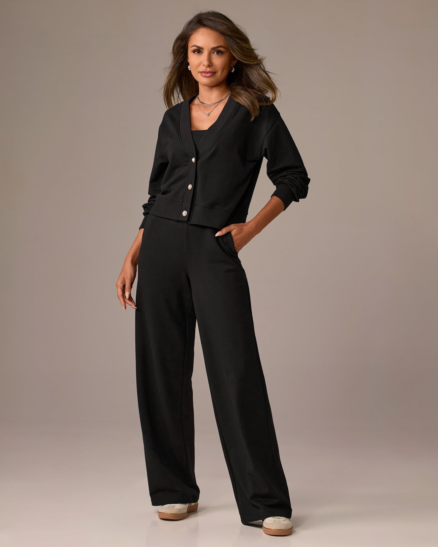 French Terry Cardigan and Pant Set Black