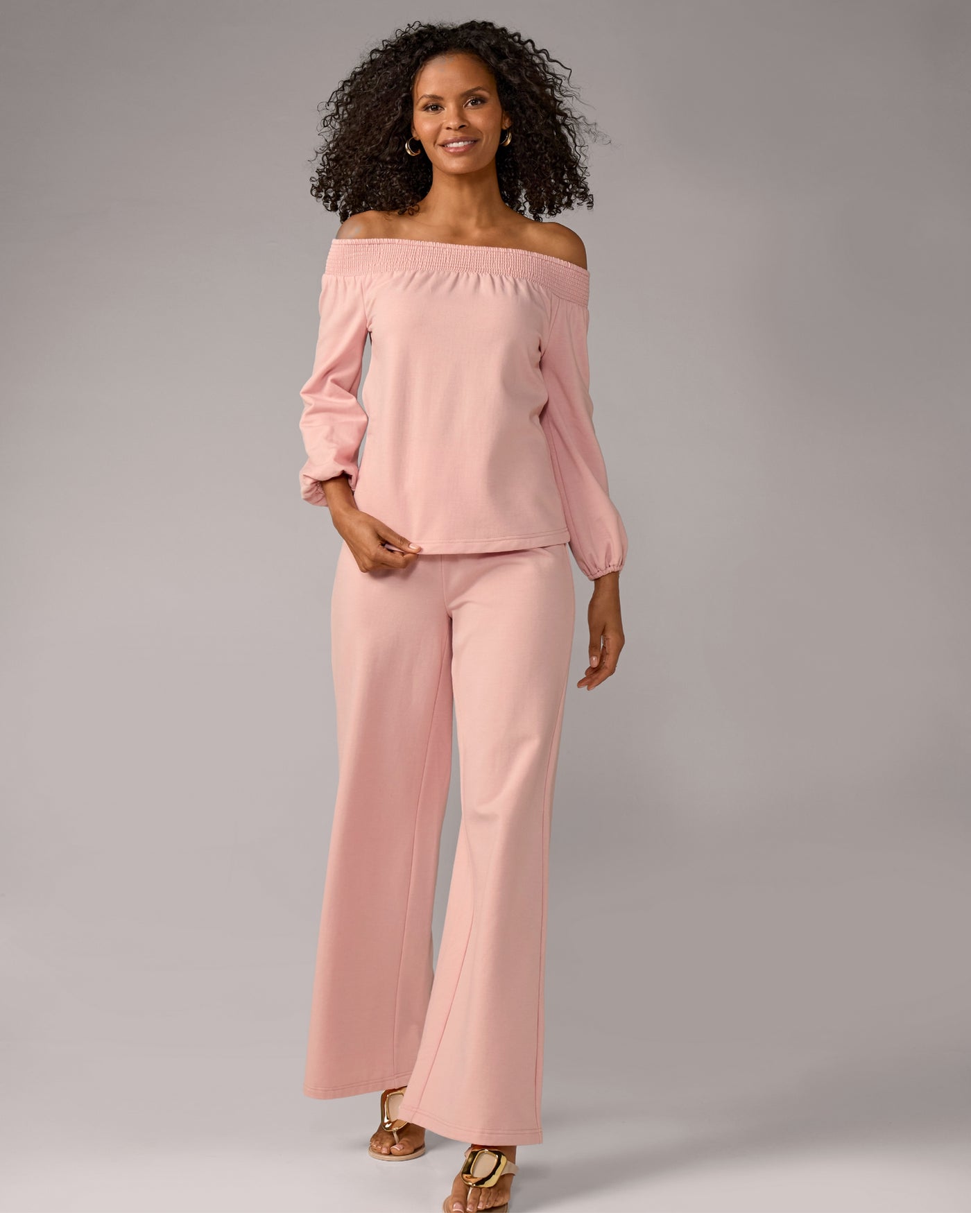 Off The Shoulder Smocked Lounge Set Pale Pink