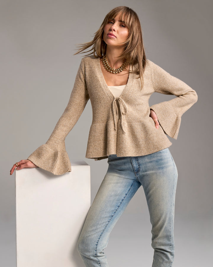 Flare Sleeve Tie Front Cardigan Sesame