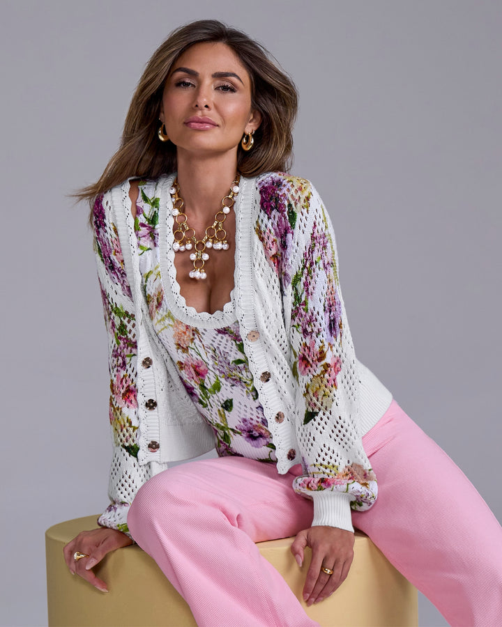 Printed Pointelle Cardigan Placed Pansies