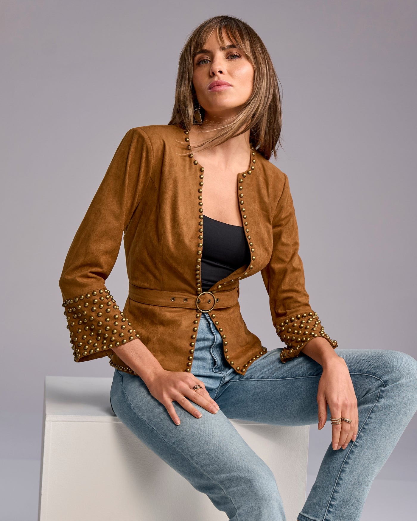 Studded Faux Suede Belted Jacket Cognac