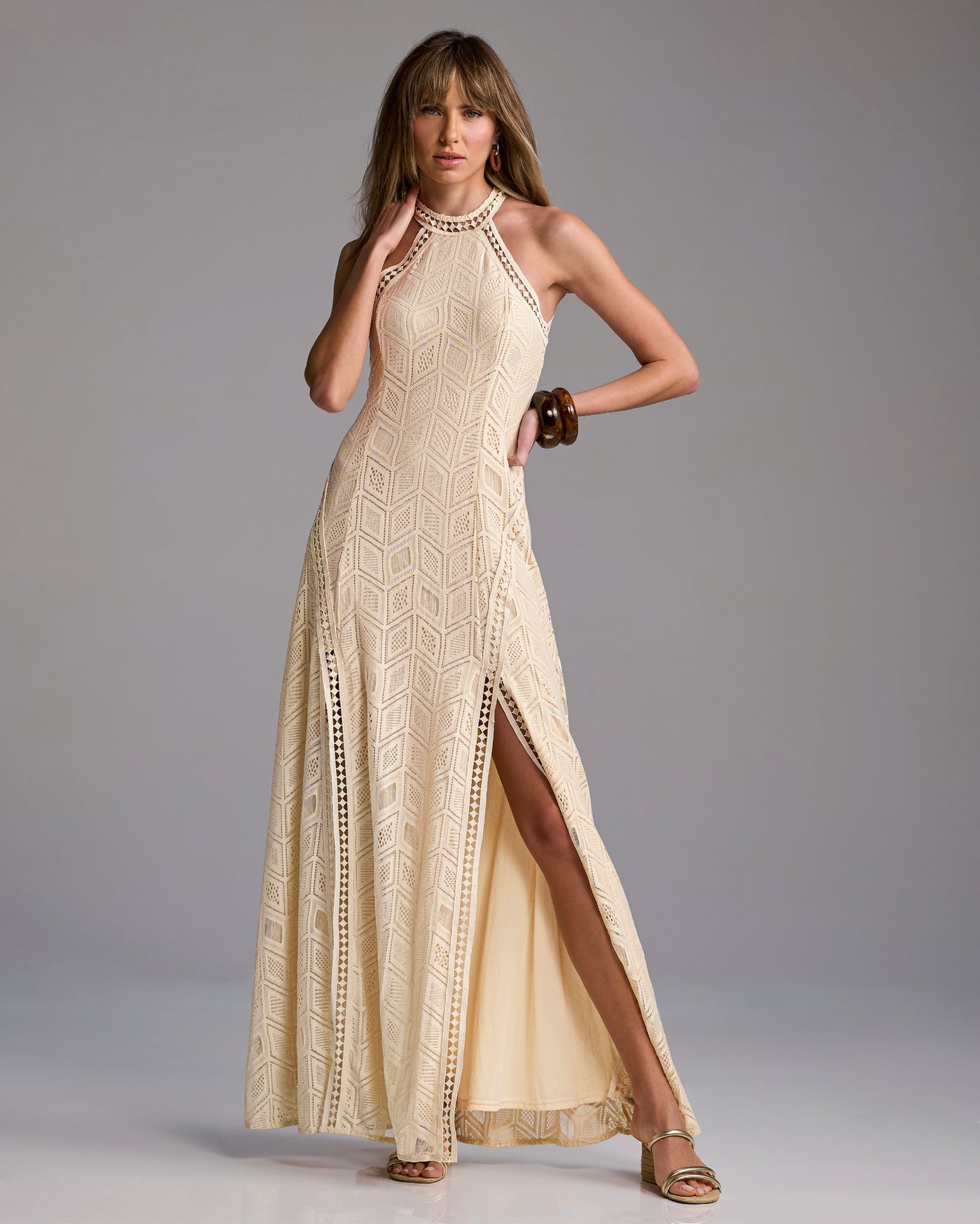 High Neck Pointelle Maxi Dress Tan/Off White