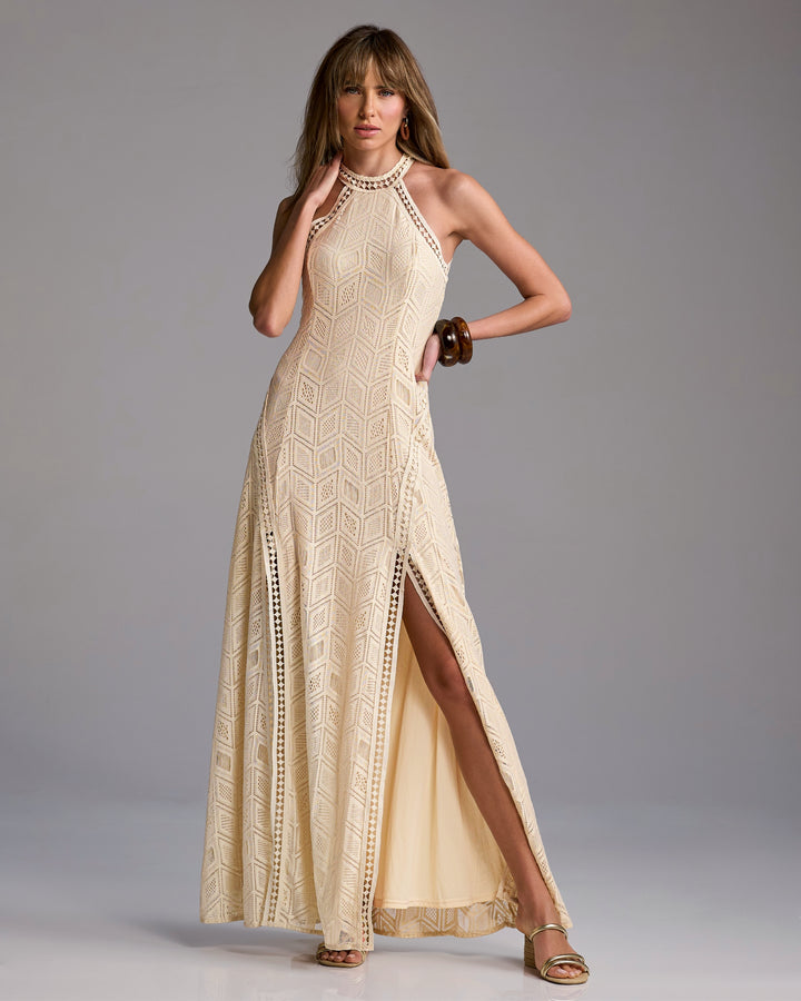 High Neck Pointelle Maxi Dress Tan/Off White