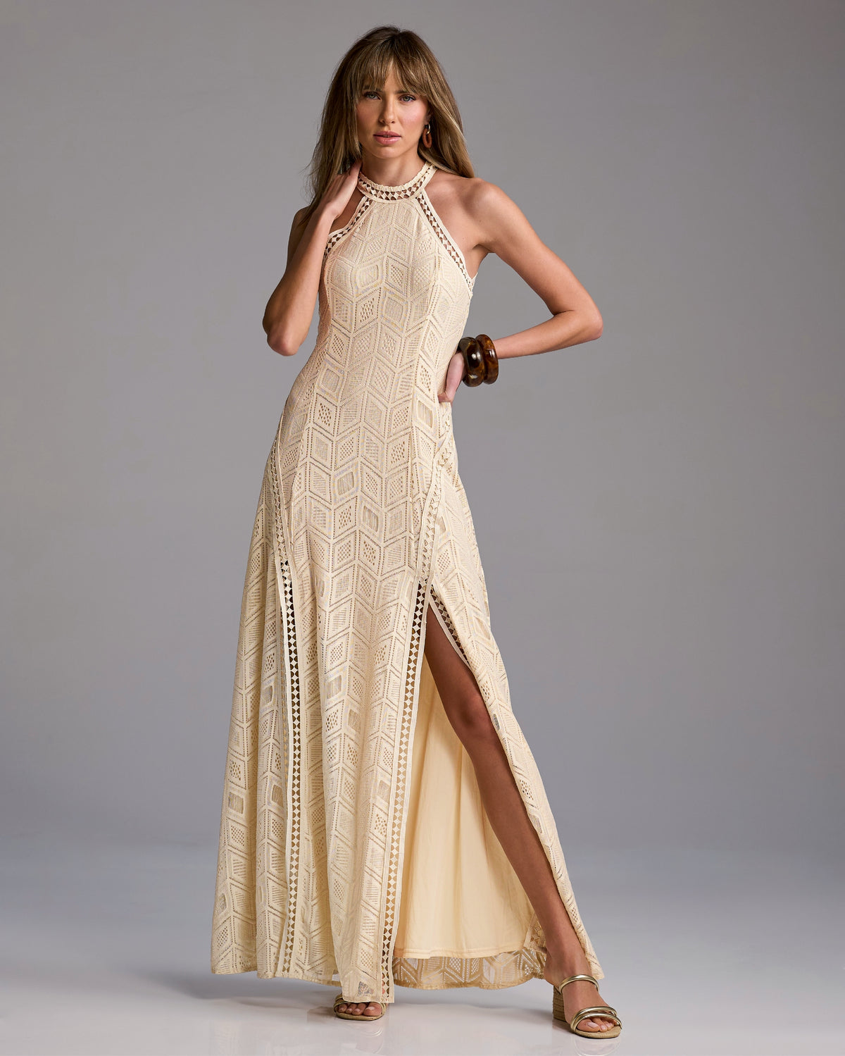 High Neck Pointelle Maxi Dress Tan/Off White