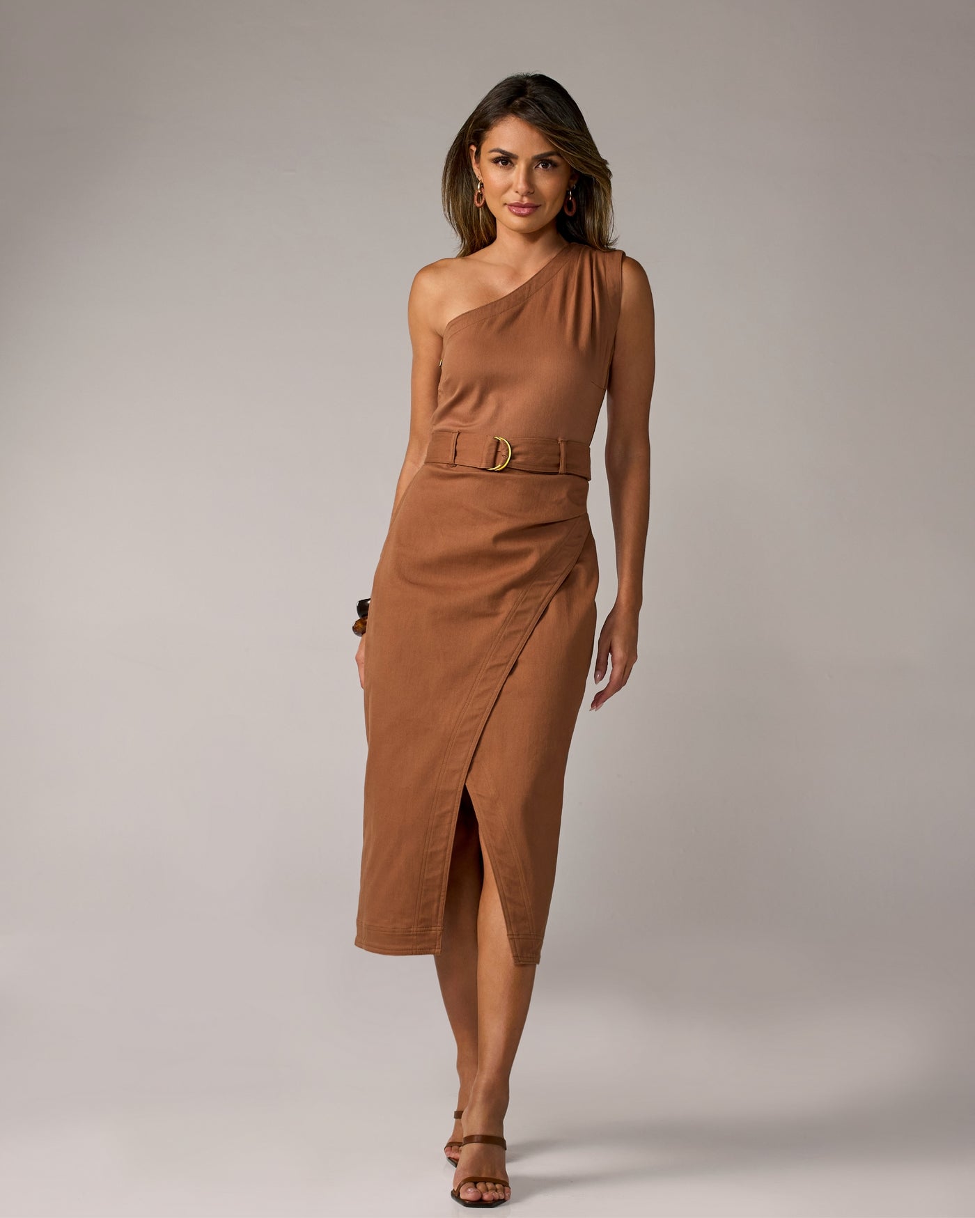 One Shoulder Front Slit Denim Column Midi Dress Tortoise Shell