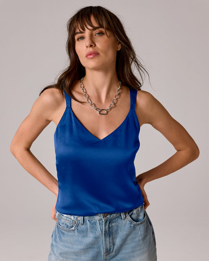 Lexi Sleeveless V-Neck Charmeuse Blouse Deep Ocean