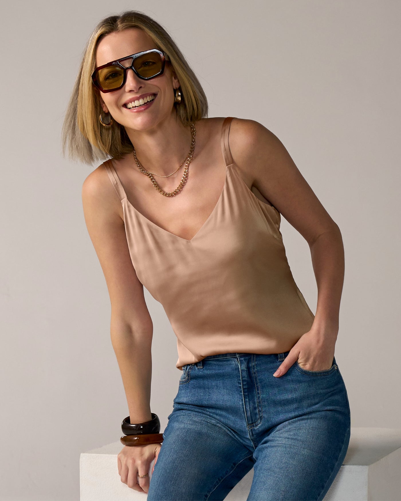 Lexi Sleeveless V-Neck Charmeuse Blouse Cappuccino