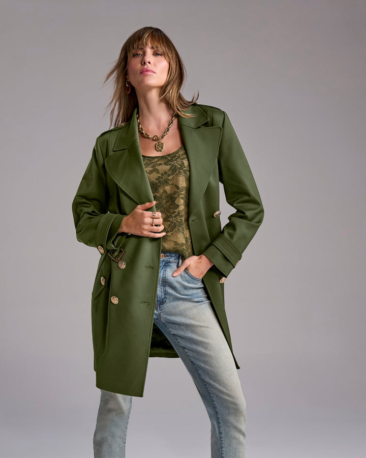 Modern Belted Mid Length Trench Olive Night