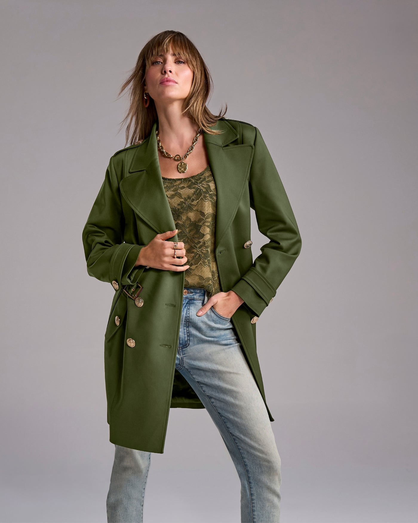 Modern Belted Mid Length Trench Olive Night
