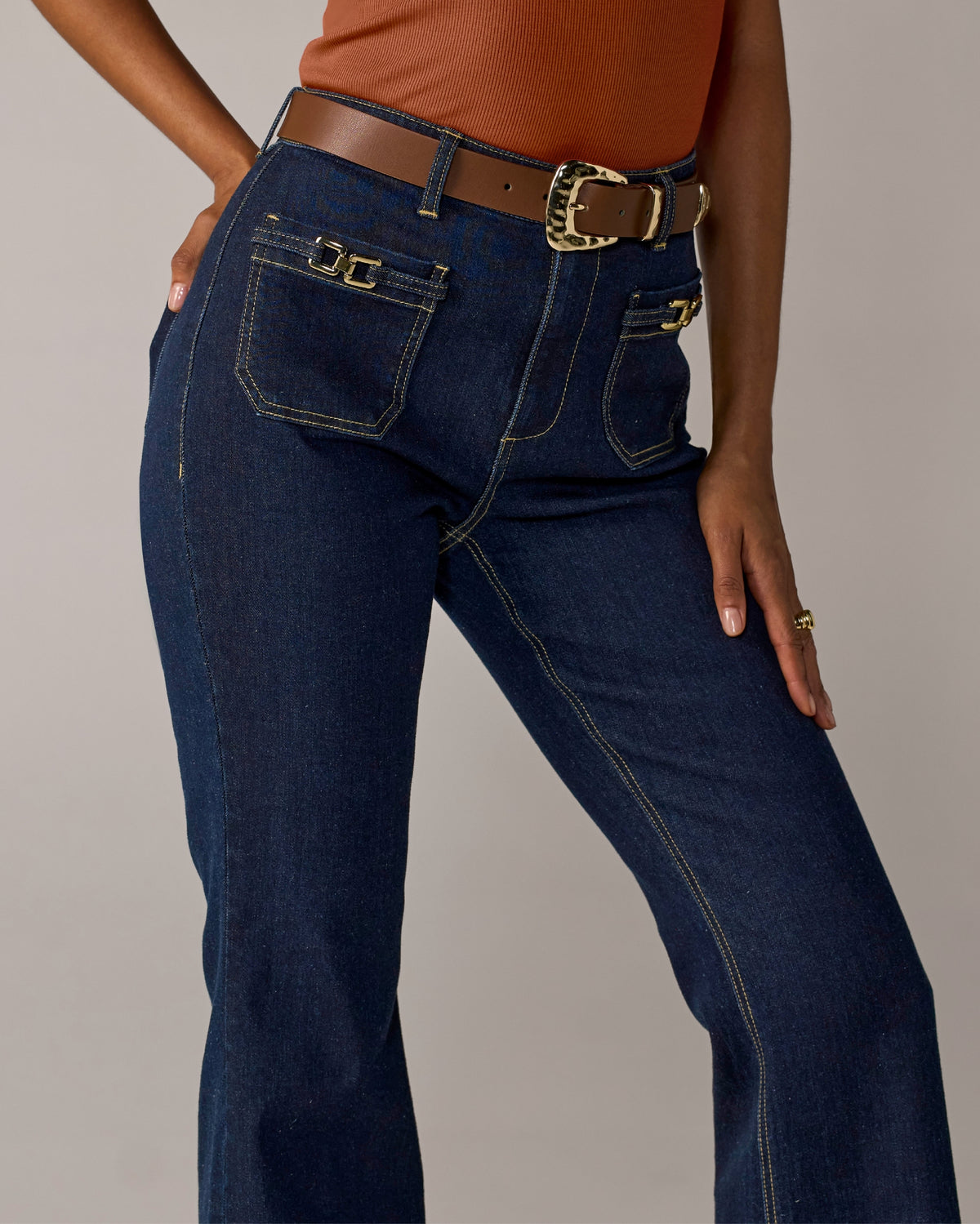 Buckle Front Pocket Detail Jean Dark Wash Denim